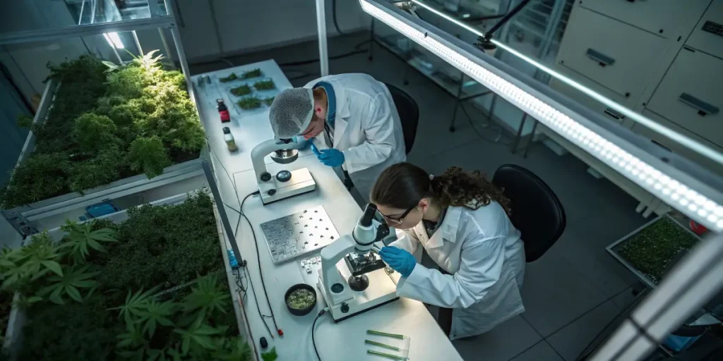 Scientifiques analysant des échantillons de cannabis en laboratoire.