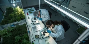 Scientifiques analysant des échantillons de cannabis en laboratoire.