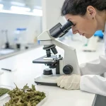 Analyse cannabis microscope avec scientifique examinant des échantillons et données sur écran