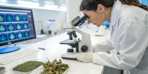 Analyse cannabis microscope avec scientifique examinant des échantillons et données sur écran