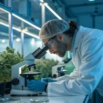Analyse cannabis microscope laboratoire high tech avec scientifique examinant des plantes sous lumière LED