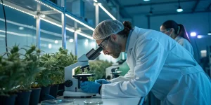 Analyse cannabis microscope laboratoire high tech avec scientifique examinant des plantes sous lumière LED