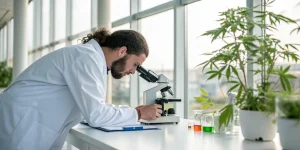 Scientifique analysant une plante de cannabis au microscope dans un laboratoire.