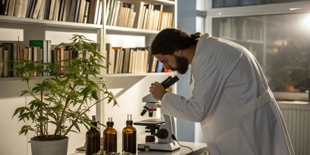 Analyse cannabis microscope avec scientifique observant une plante en pot dans un laboratoire