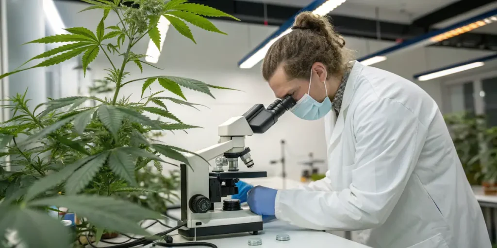 Scientifique avec masque analysant un échantillon de cannabis au microscope en laboratoire.