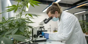 Scientifique avec masque analysant un échantillon de cannabis au microscope en laboratoire.