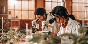 Analyse cannabis microscope laboratoire avec scientifiques examinant des échantillons en environnement lumineux