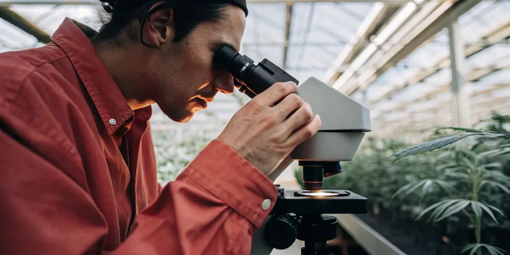 Un spécialiste du cannabis observe un échantillon de plante au microscope dans une serre de culture. Les rangées de plantes en arrière-plan illustrent un environnement de culture contrôlé dédié à l’analyse et au suivi de la santé des plants.