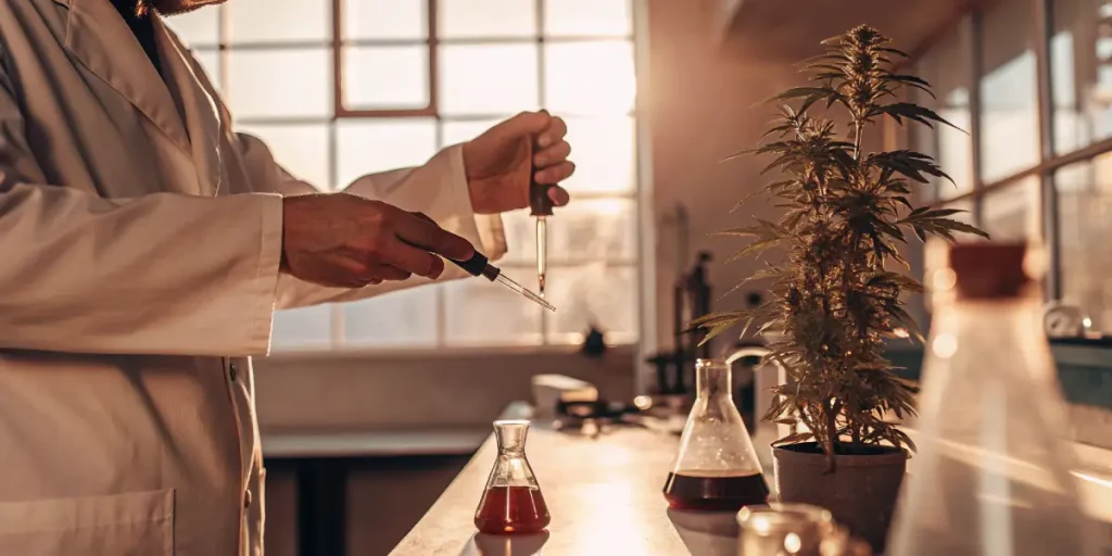 Analyse cannabis pipette avec plante en pot et flacons en laboratoire éclairé
