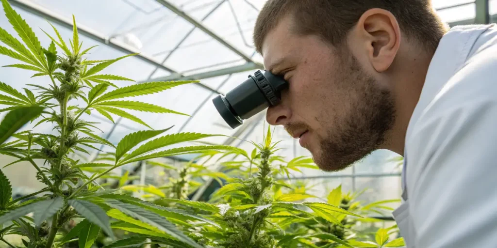 Analyse de plante de cannabis avec microscope portable en serre