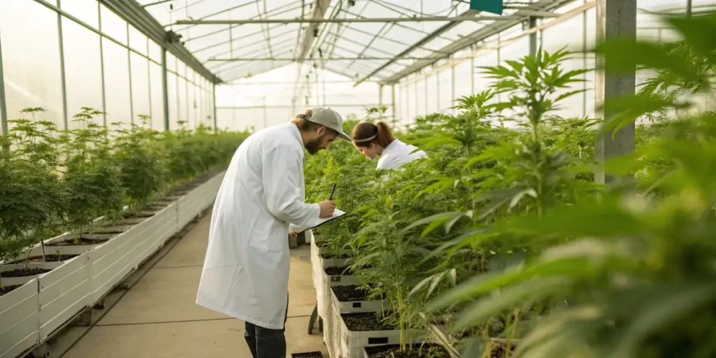 Scientifiques prenant des notes sur la croissance du cannabis en serre.
