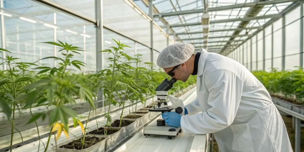 Scientifique analysant des plants de cannabis en serre avec microscope