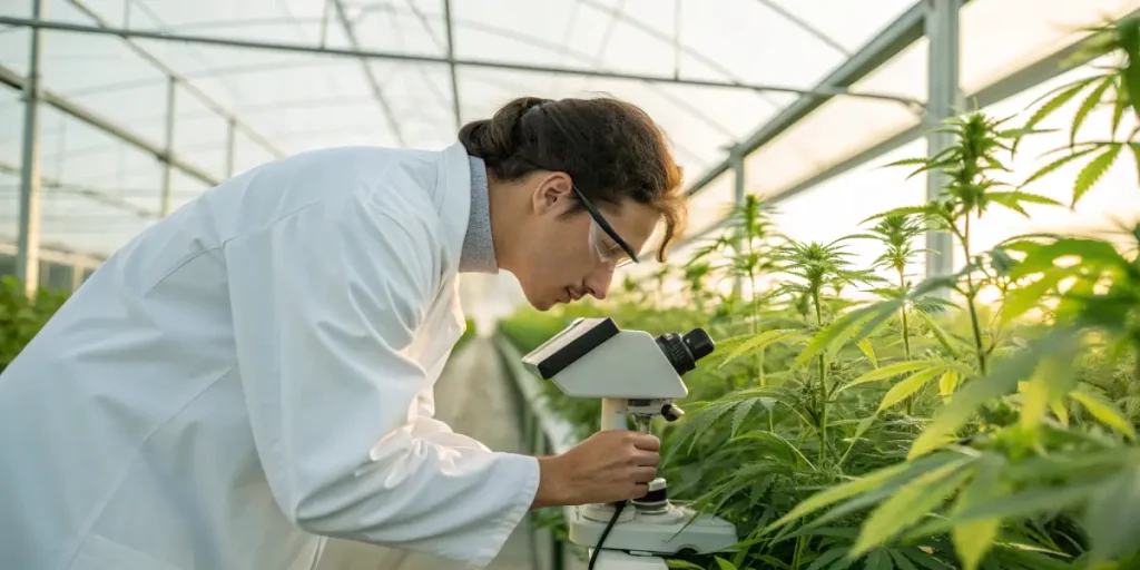 Scientifique analysant des plantes de cannabis au microscope dans une serre.