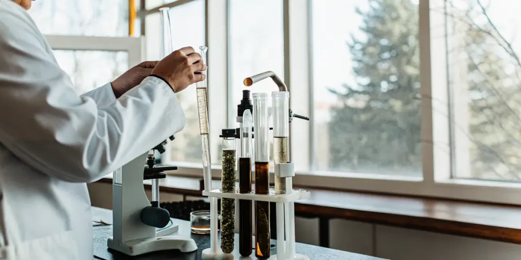 Scientifique analysant des extraits de cannabis dans des tubes à essai.