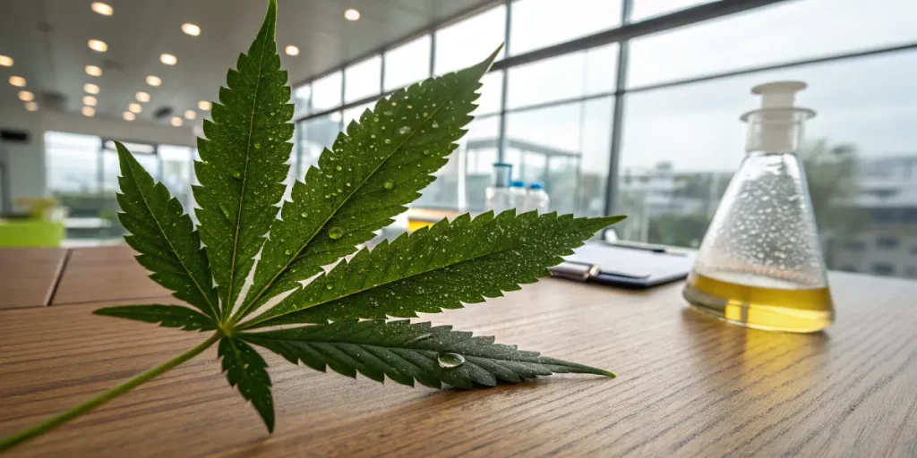 Feuille de cannabis avec des gouttes d’eau près d’un flacon de laboratoire.