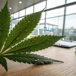 Feuille de cannabis avec des gouttes d’eau près d’un flacon de laboratoire.