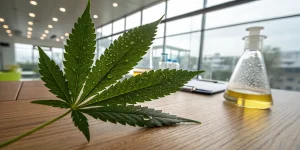 Feuille de cannabis avec des gouttes d’eau près d’un flacon de laboratoire.