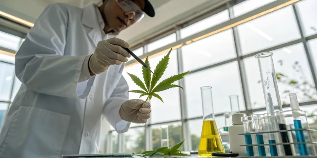 Scientifique analysant une feuille de cannabis avec une pince dans un laboratoire.