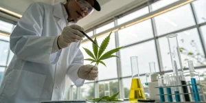 Scientifique analysant une feuille de cannabis avec une pince dans un laboratoire.
