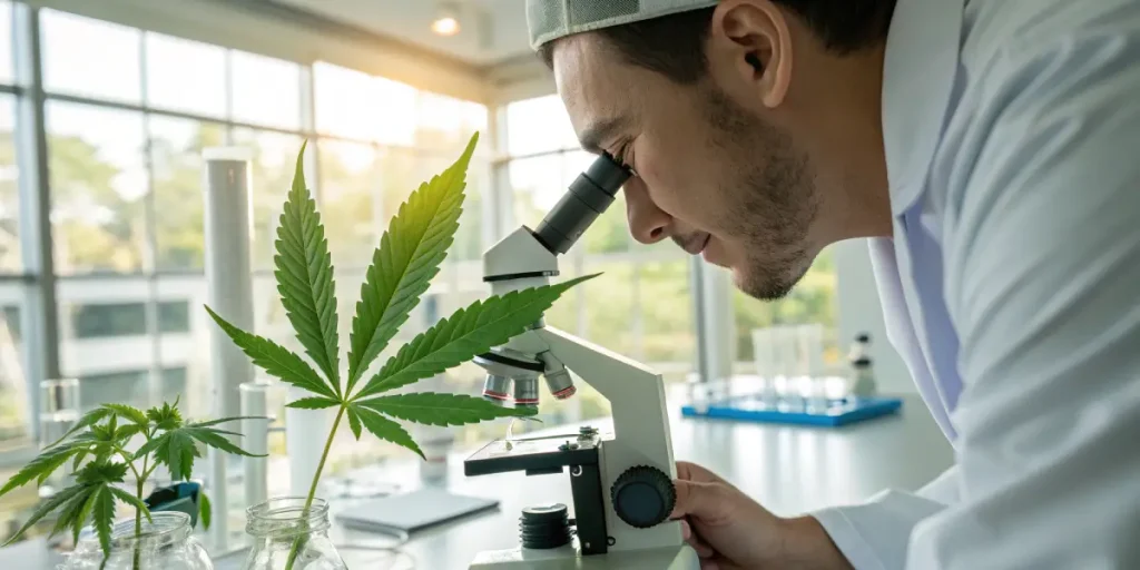 Scientifique analysant une feuille de cannabis au microscope dans un laboratoire.