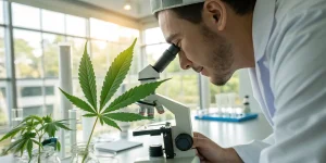Scientifique analysant une feuille de cannabis au microscope dans un laboratoire.