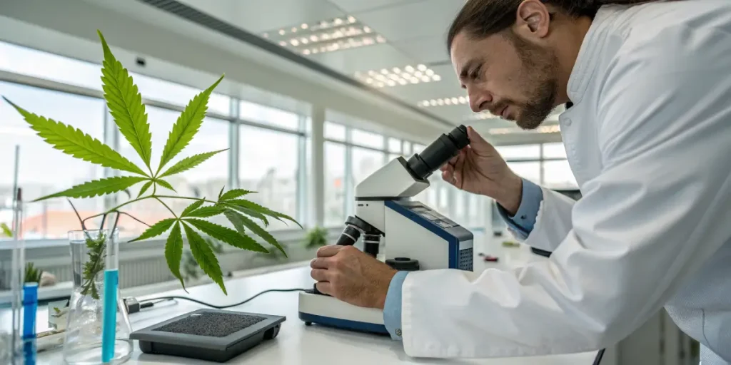 Analyse feuille cannabis microscope laboratoire moderne avec scientifique observant un échantillon