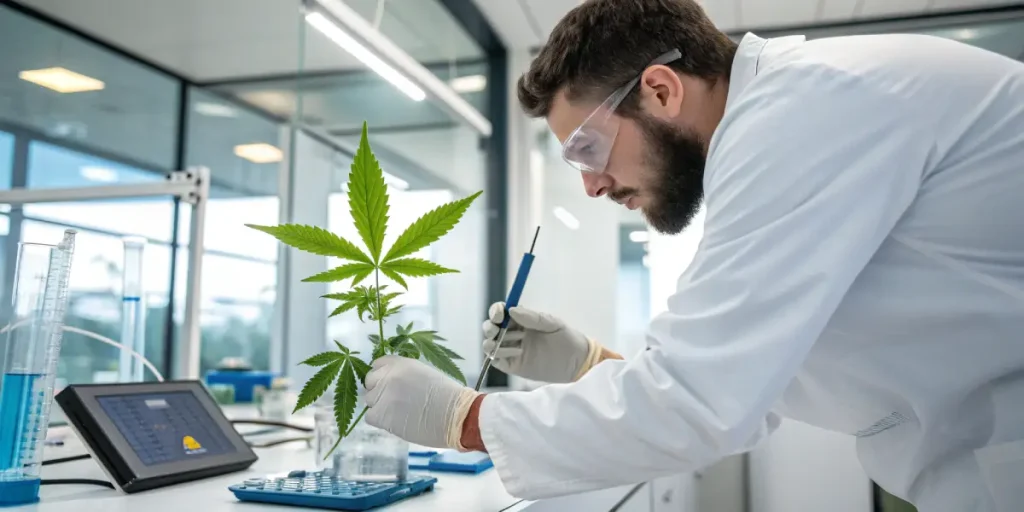 Scientifique analysant une plante de cannabis avec un outil de laboratoire.