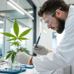 Scientifique analysant une plante de cannabis avec un outil de laboratoire.