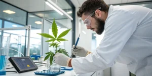 Scientifique analysant une plante de cannabis avec un outil de laboratoire.