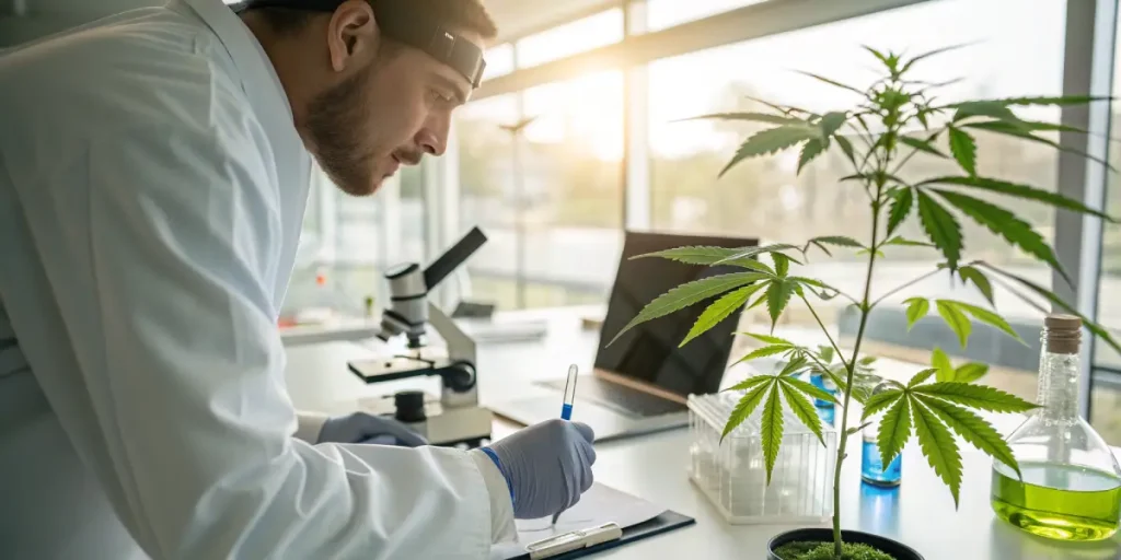 Scientifique étudiant une plante de cannabis et prenant des notes en laboratoire.