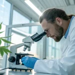 Scientifique analysant une plante de cannabis au microscope en laboratoire.
