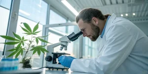 Scientifique analysant une plante de cannabis au microscope en laboratoire.