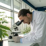 Scientifique analysant une plante de cannabis au microscope dans un laboratoire.