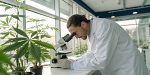 Scientifique analysant une plante de cannabis au microscope dans un laboratoire.