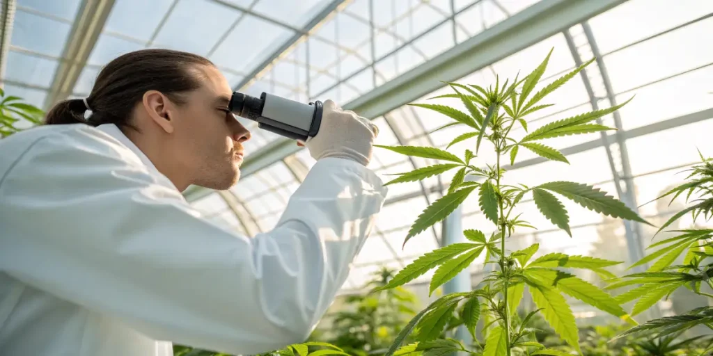 Scientifique analysant une plante de cannabis avec une loupe en serre