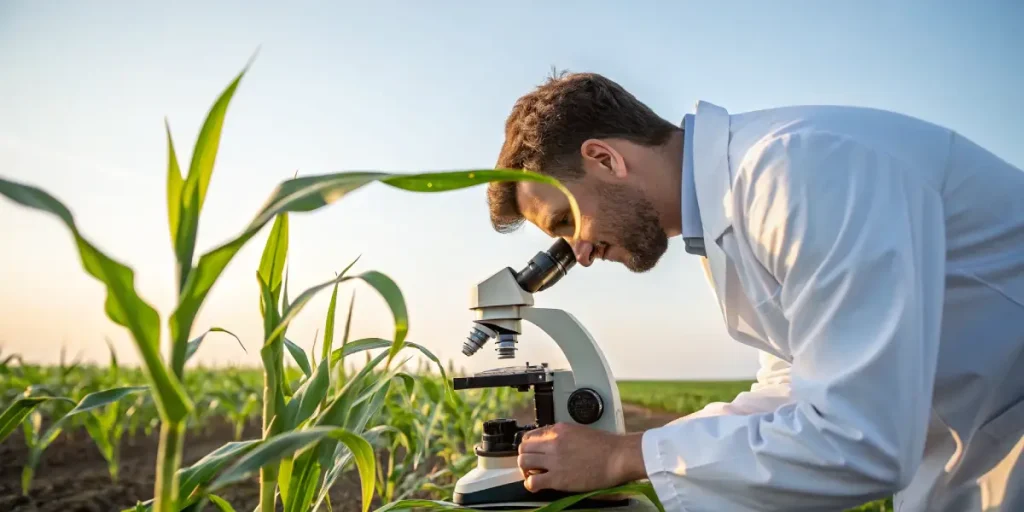 Scientifique analysant une plante au microscope en plein champ.