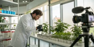 Analyse plantes cannabis laboratoire avec scientifique manipulant des échantillons et caméra en arrière-plan