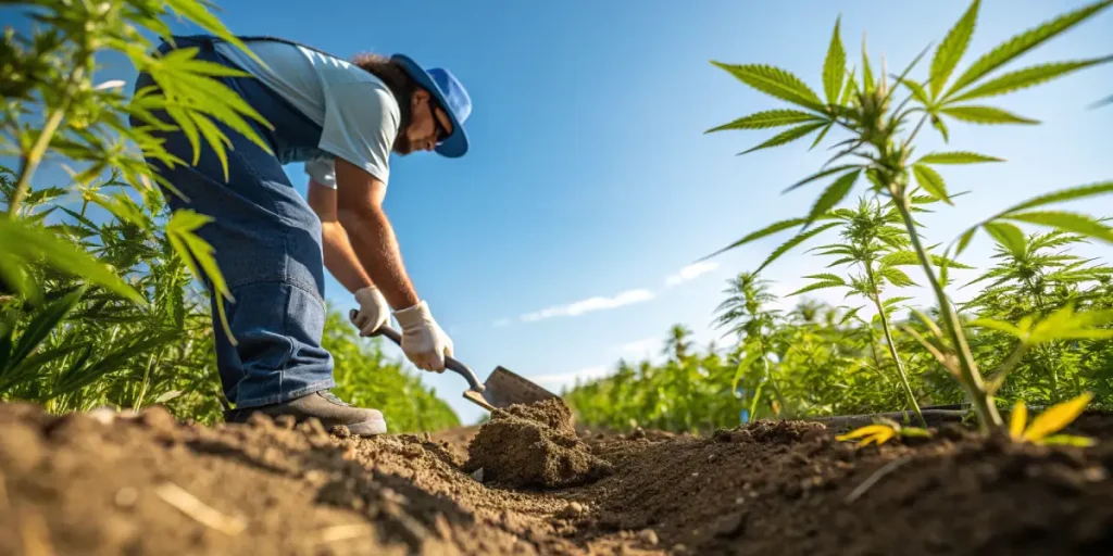 Agriculteur analysant le sol dans un champ de culture de cannabis.
