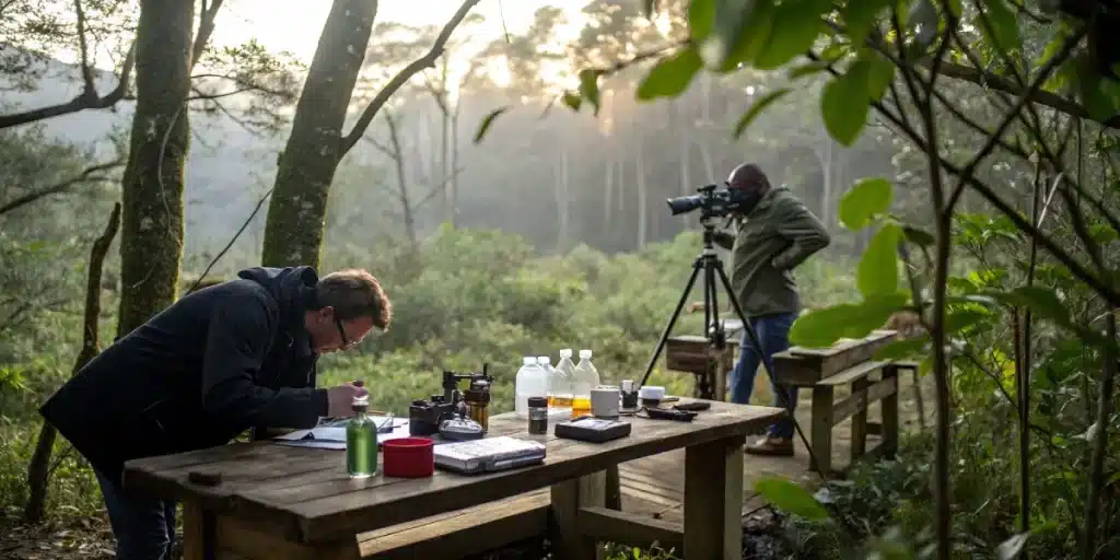 Chercheur effectuant une analyse de terrain sur des plantes en environnement naturel.