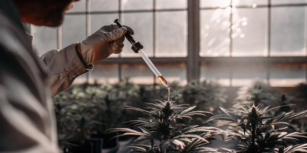 Application de nutriments sur une plante de cannabis avec une pipette.