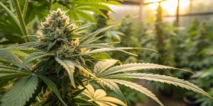 Gros plan sur un bourgeon de cannabis en serre avec lumière dorée