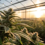 Bourgeon cannabis serre avec trichomes brillants sous lumière du coucher de soleil