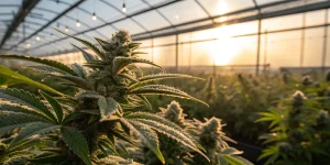 Bourgeon cannabis serre avec trichomes brillants sous lumière du coucher de soleil