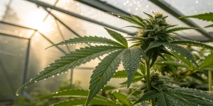 Bourgeon cannabis trichomes avec rosée en serre éclairée par le soleil levant
