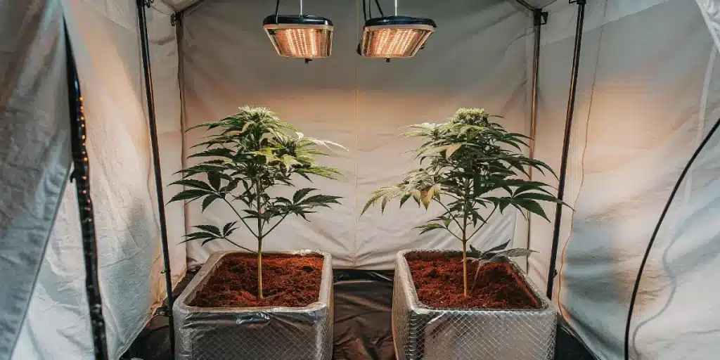 Box indoor Cookies Girl Scout regulieres en debut floraison sous LED.