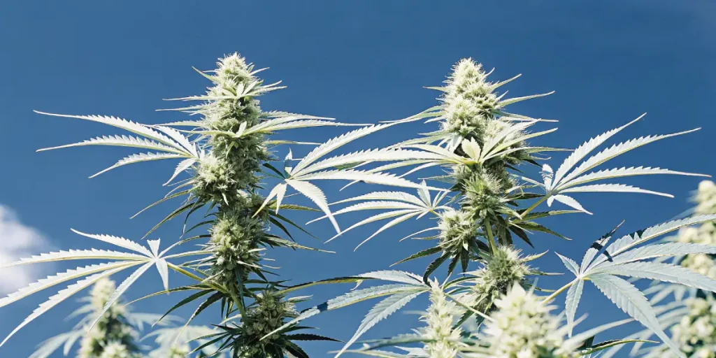 Plantes de cannabis cultivées en extérieur avec grandes colas sous un ciel bleu ensoleillé