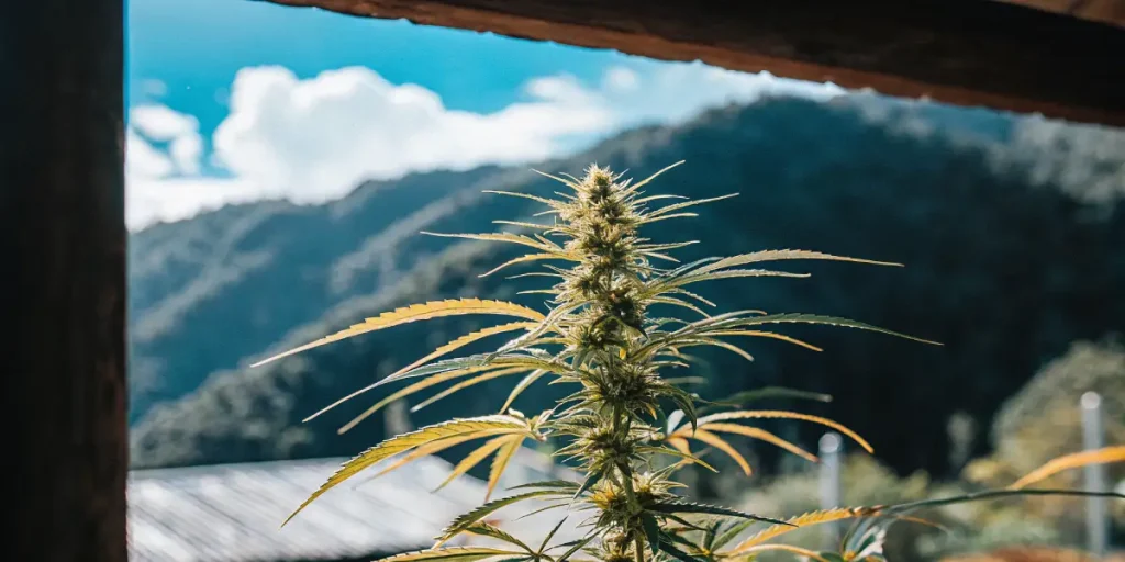 Plante de cannabis mature cultivée en extérieur avec un paysage montagneux en arrière-plan.
