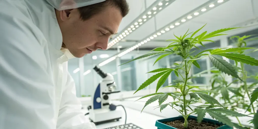 Scientifique analysant une plante de cannabis en laboratoire moderne.