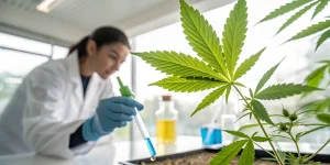 A scientist applies a liquid solution to a cannabis plant in a controlled laboratory setting. This image represents advanced plant analysis, nutrient testing, and precision cultivation techniques in modern cannabis research.