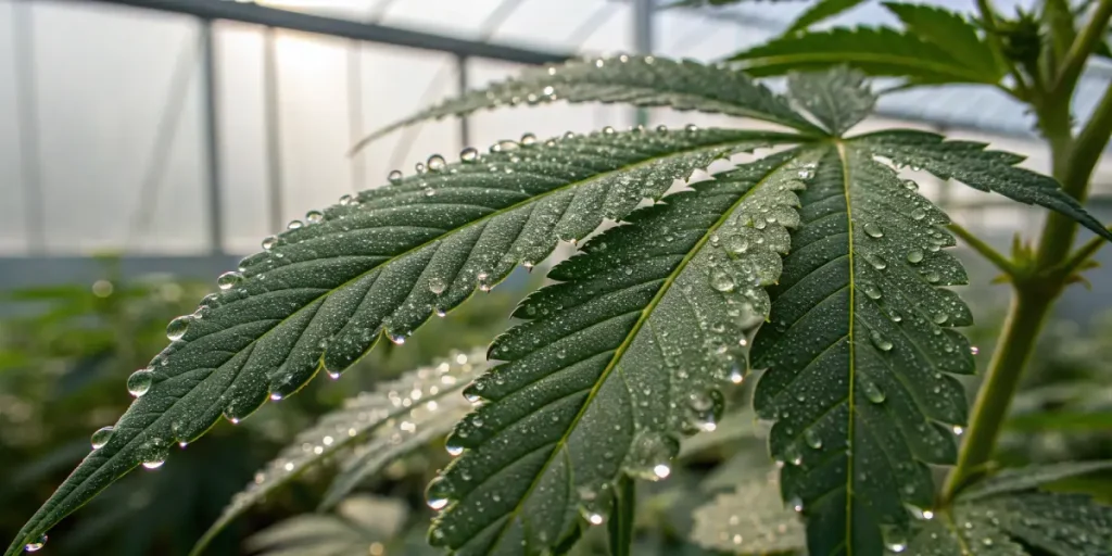 Close-up of cannabis leaf covered with water droplets in greenhouse environment.